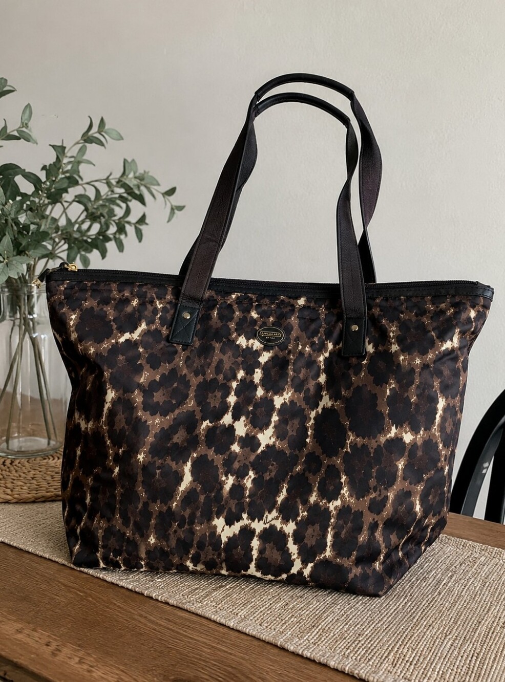 Coach Leopard Print Nylon Weekender Tote Bag Travel Carryall Zip Top NO Pouch